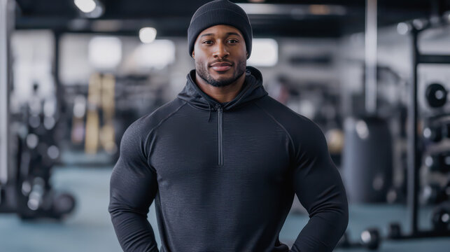 A strong man in athletic wear stands confidently in a gym, surrounded by fitness equipment, showcasing his dedication to health and fitness