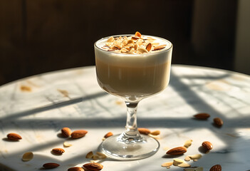 Almond milkshake served in a glass, topped with chopped almonds, offering a creamy and nutty treat perfect for a refreshing drink or a healthy indulgence
