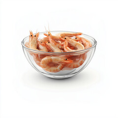 Glass bowl of shrimps isolated on white
