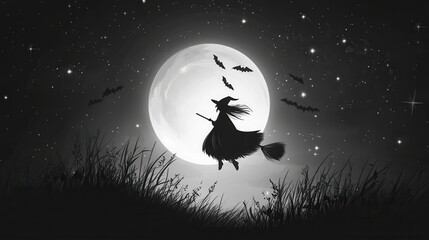 A witch flies on her broomstick against a full moon, framed by silhouetted grass and bats in a minimalist Halloween design