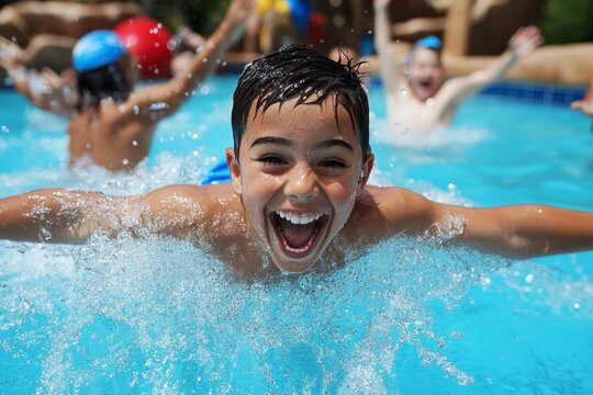 Children in the pool, cannonball splashes, waves of fun make a huge splash with their daring jumps