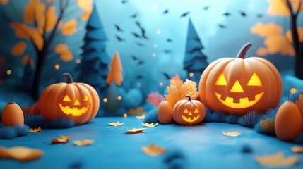 Cheerful Halloween pumpkins in a playful autumn forest