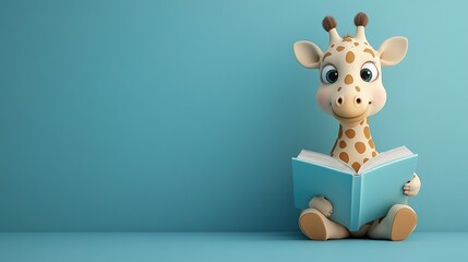 Obraz premium Cute Cartoon Giraffe Reading a Book on Blue Background