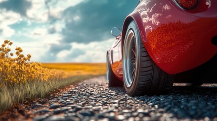 A vibrant red sports car parked on a scenic gravel road surrounded by lush fields under a bright...