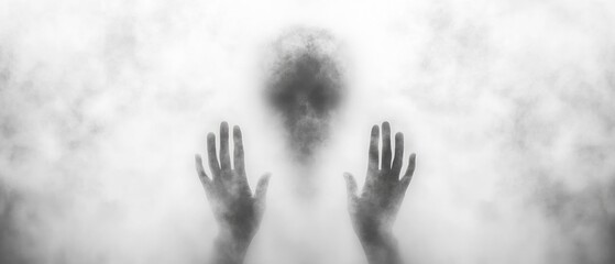The blurry silhouette of the person's hands and face behind foggy glass, creating an eerie atmosphere. The background is blurred to emphasize their presence.