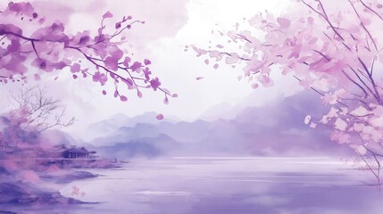 A painting of a serene landscape with a body of water and cherry blossoms