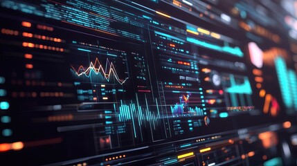 Obraz premium Visual Representation of Data Analytics Insights Displayed on a Futuristic Monitor During a Tech Conference in the Evening