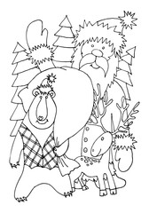 Coloring page. Santa Claus travels with deer and bear have gift bag on his shoulders. Christmas coloring book for kids. Hand drawn vector illustration.