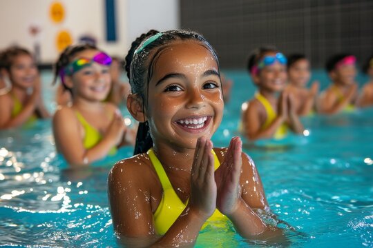 Children in the pool, synchronized swimming, playful routines show off their creativity with coordinated moves