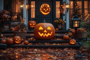 Obraz premium Halloween pumpkin decorations. Pumpkin for decorated house. Halloween Decorated at front yard of a American home. Halloween decorated front door with pumpkins.