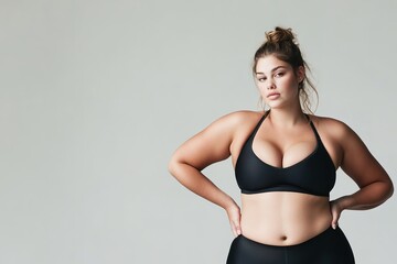 Obraz premium Confident plus-size woman in sportswear with hands on hips