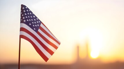 American Flag in the Wind - Silhouette of Twin Towers in Morning Light A Touching Moment of Remembrance and Patriotism