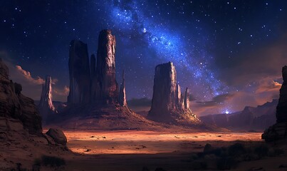 Night Sky Over Tall Rock Formations in a Desert Landscape