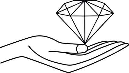 Continuous one line drawing of Hand holding a brilliant, diamond. Can used for logo, emblem, slide show and banner.One line vector illustration