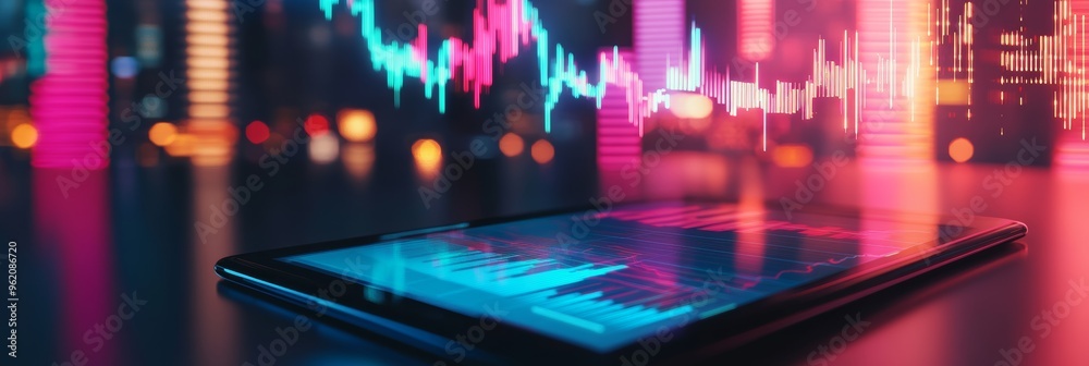 Aufkleber Tablet displaying data charts in vibrant cityscape, representing financial software and coding analytics. Colorful neon lights