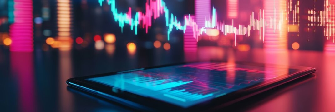 Tablet displaying data charts in vibrant cityscape, representing financial software and coding analytics. Colorful neon lights