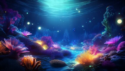 Transform the scene with bio-luminescent elements like radiant plankton, gleaming starfish, and luminous coral reef for an underwater disco vibe using CG 3D effects