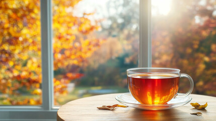 A transparent cup of tea on a wooden table in front of a bright window with a fall-season landscape view