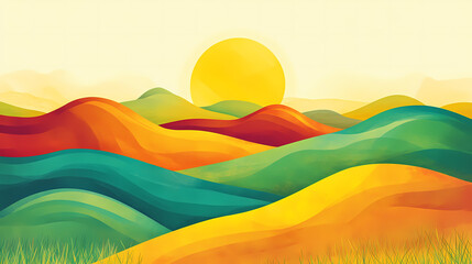 Fototapeta premium Vibrant abstract landscape with rolling hills and bright sunshine, representing the warmth of a summer day. Rolling Hills. Illustration