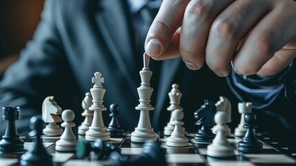 chess battle, victory, success, leader, teamwork, business strategy . business man wear business suit move prepare move king chess pieces, plan strategy lead successful business competition leader.