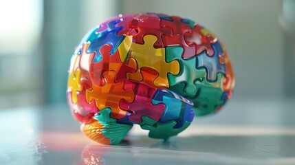 A colorful puzzle shaped like a human brain, signifying the complexity of the human mind and the interconnectedness of its different parts.