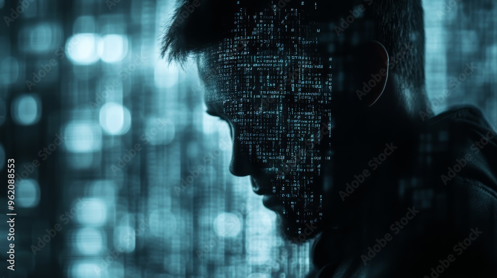Fototapete profile of man with digital code on face in a dark setting, symbolizing cybersecurity and hacking.