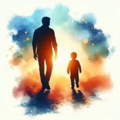 Obraz premium Parent and child silhouette walking away. Love concept art. Parenting and loving abstract watercolor illustration. Parenthood and childhood. Walking down the path of righteousness. 