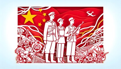 A stylized paper-cut scene representing the unity of workers, farmers, and soldiers during the 1949 proclamation, symbolizing the National Day of the People's Republic of China on October 1st.