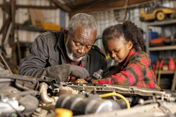 A grandfather teaches his granddaughter how to fix a car in their garage. He's holding a tool, and she's intently watching as he works on the engine.