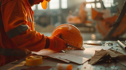 A construction worker carefully examines blueprints, his hardhat resting on the table, emphasizing the importance of planning and precision in the construction industry.
