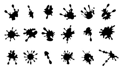 Set of black paint ink splashes silhouette. Grunge drops and spatters collection. Flat vector isolated  illustration