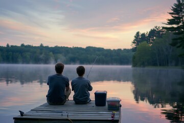 Two young men are enjoying a serene morning fishing on a wooden dock, overlooking a tranquil lake, as the sunrise paints the sky in warm hues.