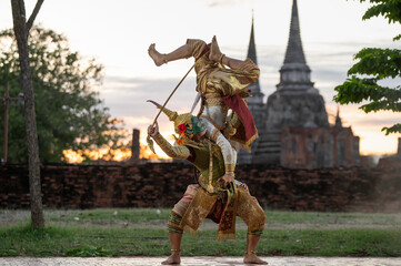 Pantomime (Khon) is traditional Thai classic masked play enacting scenes from the Ramayana in a...