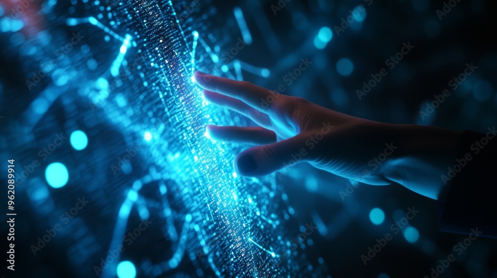 Poster hand reaching for glowing blue data points representing coding, ai, and futuristic technology.