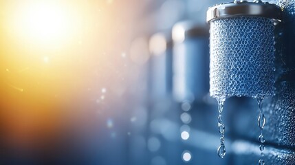 A close-up of water droplets on a cool, metallic surface, illuminated by soft sunlight, creating a serene and refreshing atmosphere.