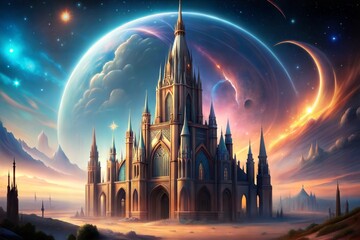 Obraz premium Spectacular cosmic fantasy castle at dawn with planets and stars