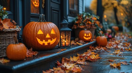 Obraz premium Halloween pumpkin decorations. Pumpkin for decorated house. Halloween Decorated at front yard of a American home. Halloween decorated front door with pumpkins.