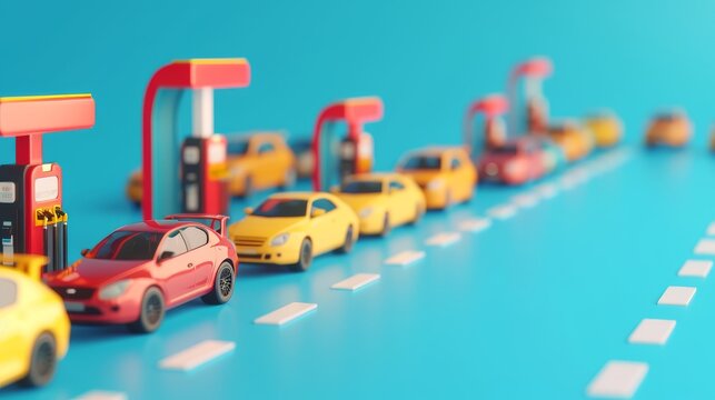 A bright and playful image of miniature cars lined up at a colorful toy gas station on a smooth blue surface. The scene highlights the vibrant colors and orderly arrangement, evoking themes of