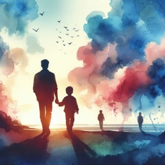 Fototapeta premium Parent and child silhouette walking away. Love concept art. Parenting and loving abstract watercolor illustration. Parenthood and childhood. Walking down the path of righteousness. 