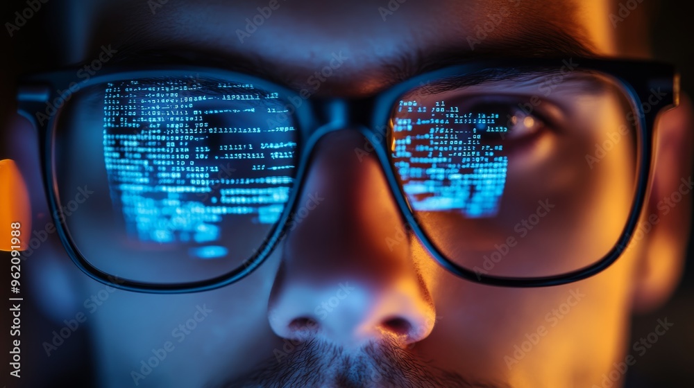 Aufkleber Close-up of code reflected on glasses, focused programmer looking at digital code on screen. Concept of software development and coding.