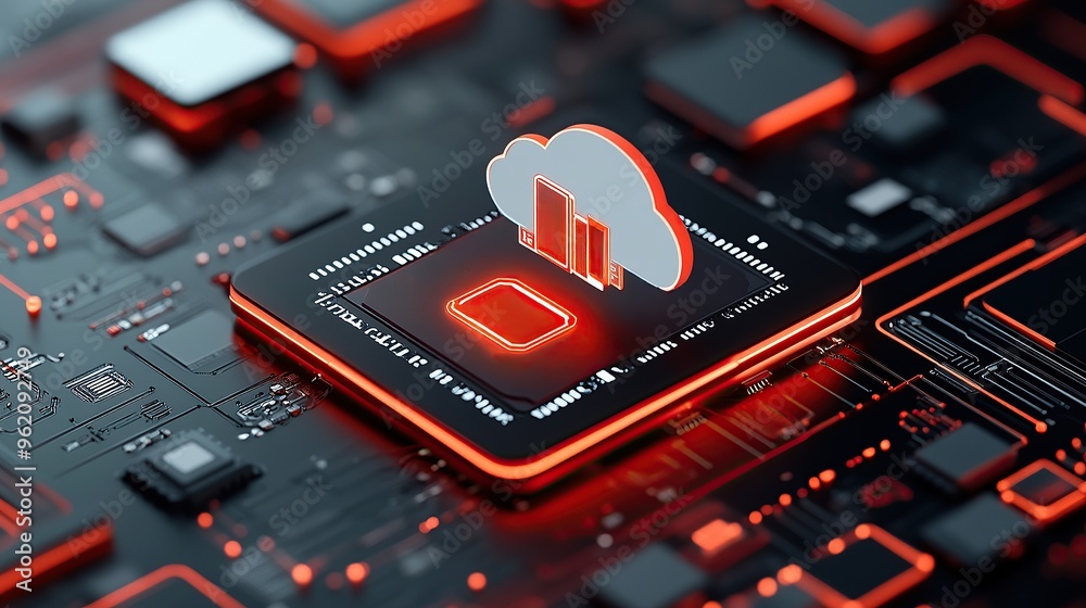 Poster cloud computing symbol on circuit board for data services