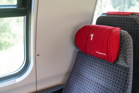 Geneva, Switzerland - July 28, 2024: Typical first class train seat in the first class cabin on SBB Swiss trains