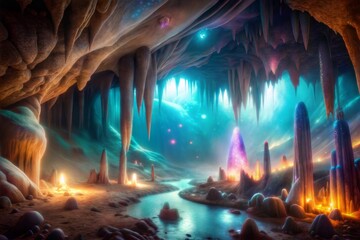 Obraz premium Mystical underground cave with glowing rocks and serene stream flowing
