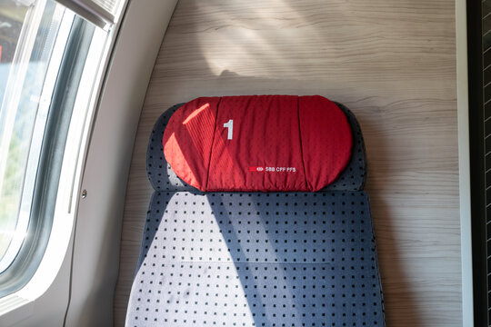 Geneva, Switzerland - July 28, 2024: Typical first class train seat in the first class cabin on SBB Swiss trains