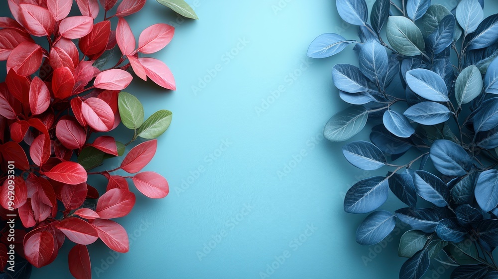 Wall mural blue and red leaves on blue background