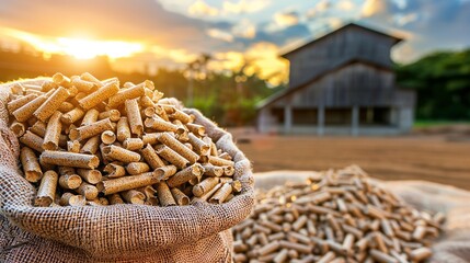 Obraz premium Close up of wood pellets with a house silhouette in the background for cozy living spaces