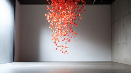 A vibrant display of red petals suspended in a minimalist gallery, creating a striking visual contrast with the clean walls.