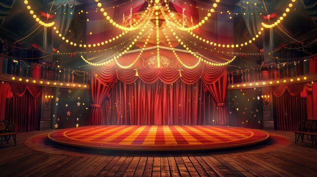 An empty stage with red curtains and a striped platform under a circus tent ceiling with lights and decorations.