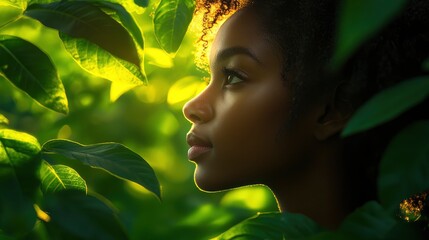 Woman with Afro Hair Looking Out from Green Foliage