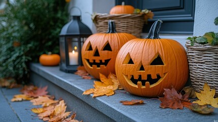 Obraz premium Halloween pumpkin decorations. Pumpkin for decorated house. Halloween Decorated at front yard of a American home. Halloween decorated front door with pumpkins.